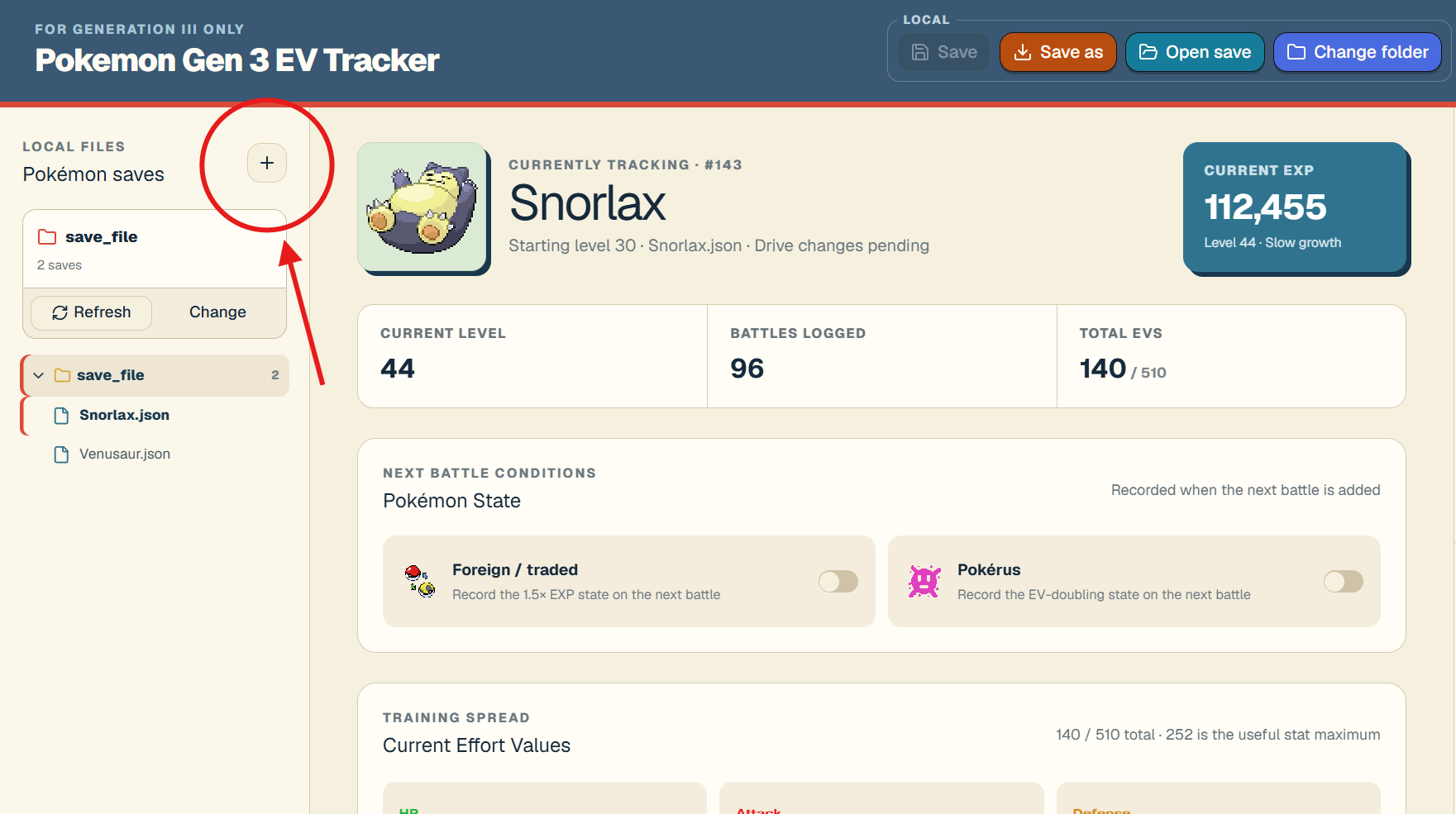 The plus button beside Pokémon saves highlighted in the tracker.
