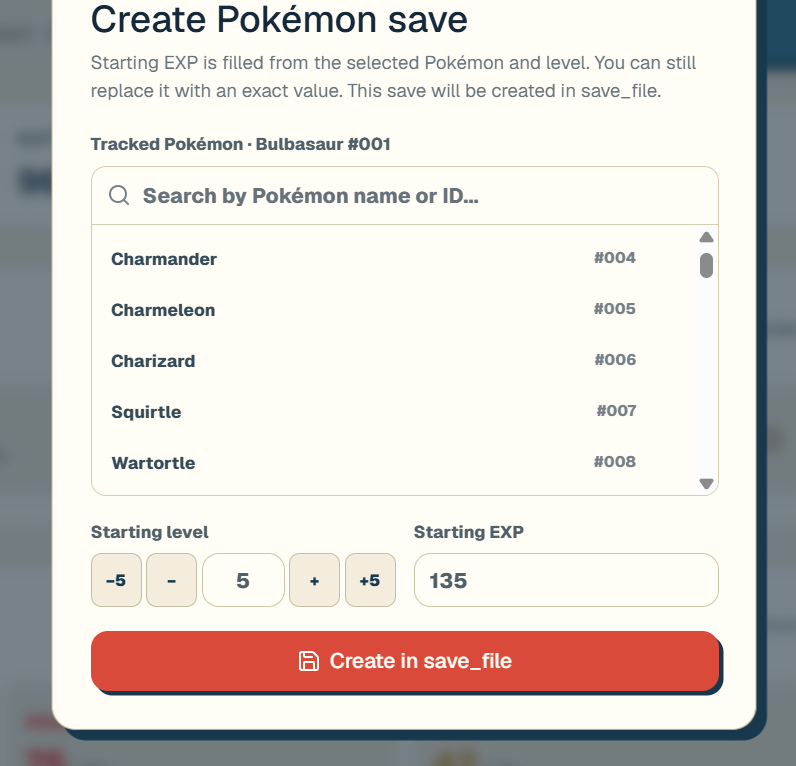 Create Pokémon save window with Pokémon, starting level, and starting EXP controls.