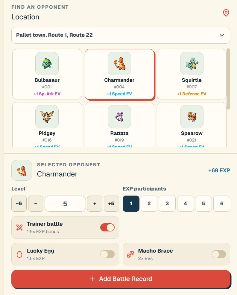 Battle form showing the selected opponent and Add Battle Record button.